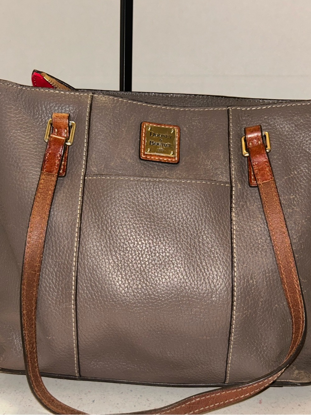Dooney & Bourke Taupe Pebbled Leather Shoulder Bag with Brown Straps